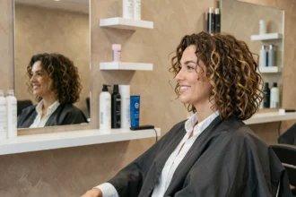 Femme aux cheveux fins et bouclés coiffée d'un bob volumineux dans un salon de coiffure moderne