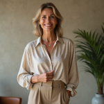 Femme confiante en intérieur avec vêtements élégants