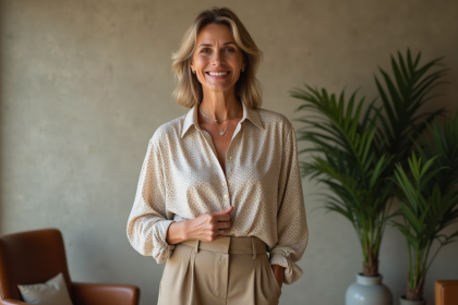 Femme confiante en intérieur avec vêtements élégants