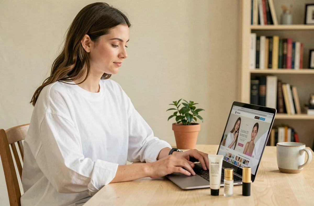 Jeune femme consultant le site Space NK sur un ordinateur portable entourée de produits de soin dans un appartement français