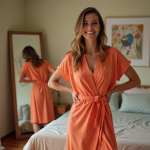 Femme souriante en robe élégante dans sa chambre