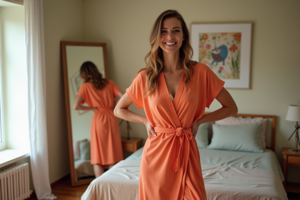 Femme souriante en robe élégante dans sa chambre