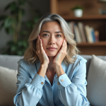 Femme en réflexion dans un salon moderne et cosy