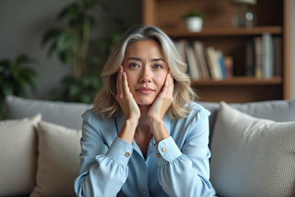 Femme en réflexion dans un salon moderne et cosy