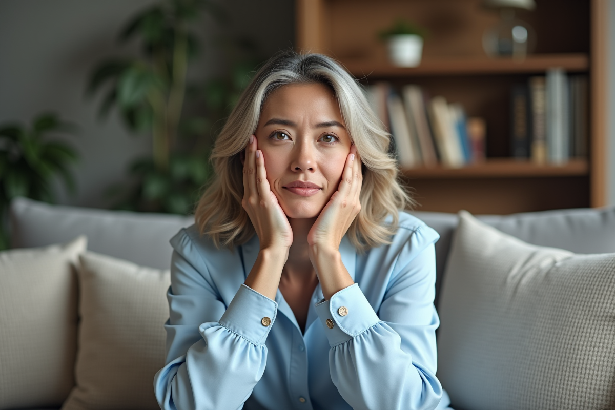 Femme en réflexion dans un salon moderne et cosy