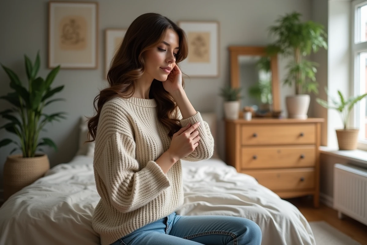 Femme ajustant une perruque Kristia dans sa chambre chaleureuse