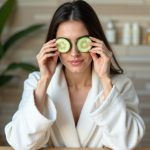 Femme détendue avec des tranches de concombre sur les yeux