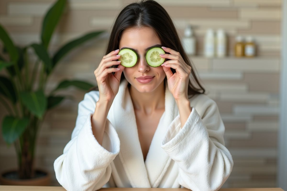 Femme détendue avec des tranches de concombre sur les yeux