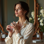 Femme sophistiquée tenant un parfum près du cou
