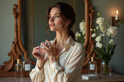 Femme sophistiquée tenant un parfum près du cou