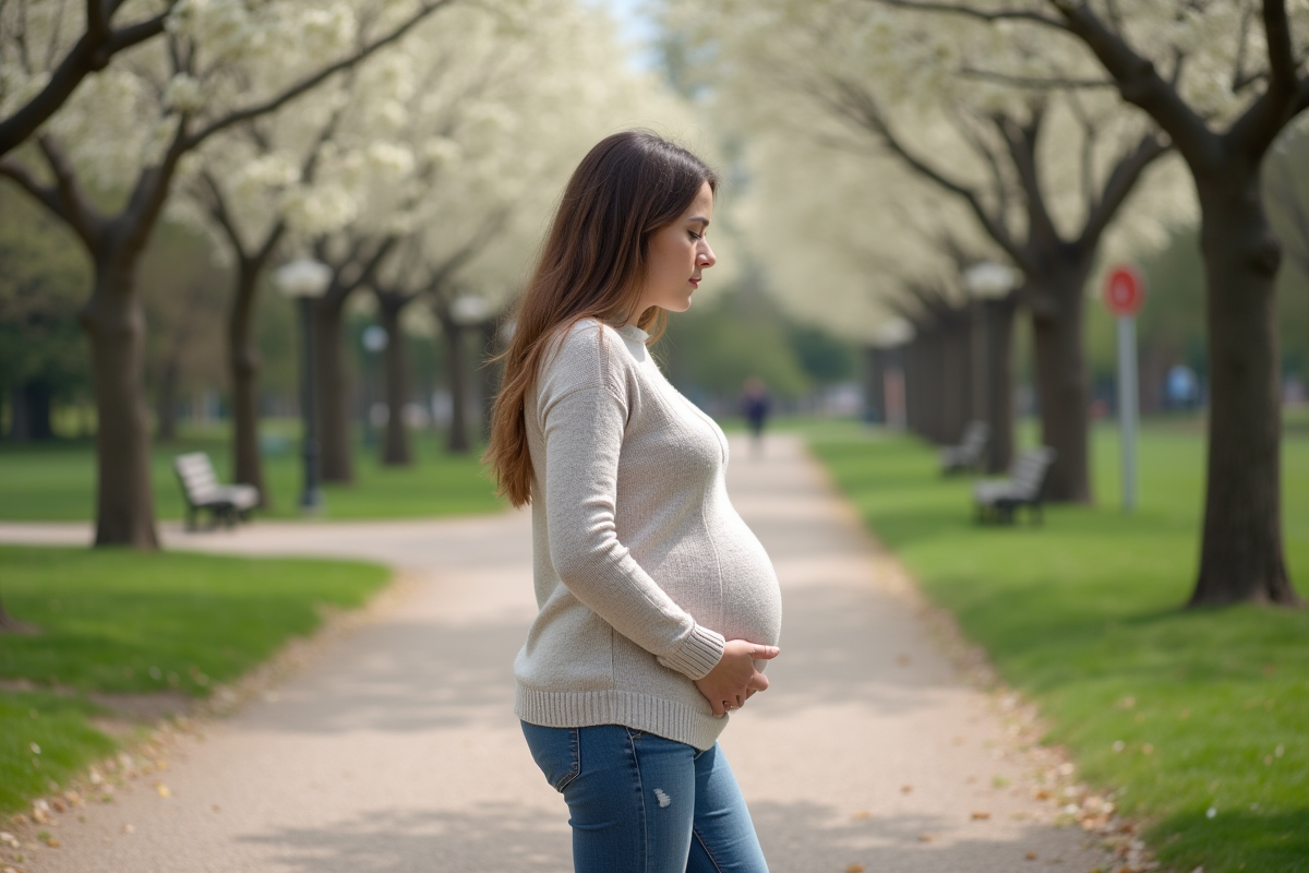 Femme enceinte marchant dans un parc au printemps