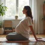 Femme enceinte faisant du yoga dans un intérieur chaleureux