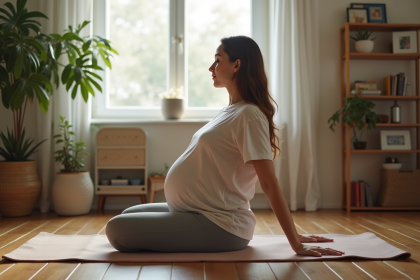 Femme enceinte faisant du yoga dans un intérieur chaleureux