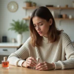 Femme en train d'examiner un parfum dans un intérieur lumineux