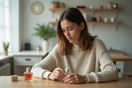 Femme en train d'examiner un parfum dans un intérieur lumineux