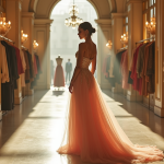 Femme élégante en robe Dior dans une boutique parisienne luxueuse