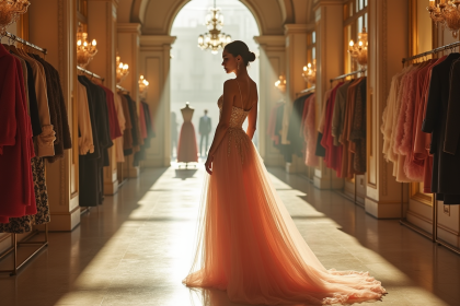 Femme élégante en robe Dior dans une boutique parisienne luxueuse