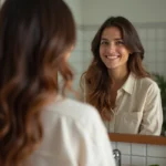 Femme examinant ses cheveux hennés en salle de bain