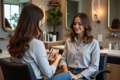 Femme en salon avec échantillons de coloration pour balayage