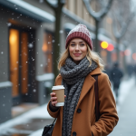 Femme élégante buvant un café en hiver en ville
