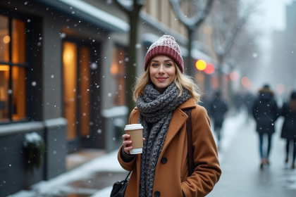 Femme élégante buvant un café en hiver en ville