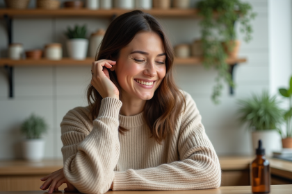 Femme souriante appliquant de l'huile naturelle sur ses cheveux