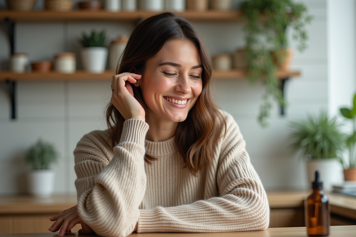 Femme souriante appliquant de l'huile naturelle sur ses cheveux