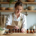 Femme arrangeant des flacons d'huiles essentielles naturelles sur un comptoir en bois dans une cuisine artisanale