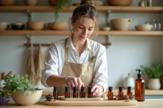 Femme arrangeant des flacons d'huiles essentielles naturelles sur un comptoir en bois dans une cuisine artisanale