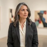 Femme élégante aux cheveux grisonnants naturels dans une galerie d'art, incarnant la beauté intemporelle et le statut d'icône durable