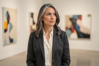 Femme élégante aux cheveux grisonnants naturels dans une galerie d'art, incarnant la beauté intemporelle et le statut d'icône durable