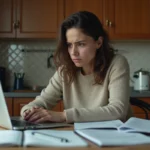Femme anxieuse devant son ordinateur dans la cuisine