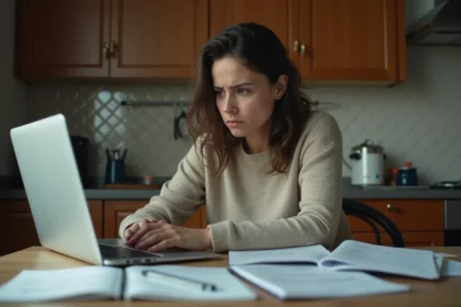 Femme anxieuse devant son ordinateur dans la cuisine