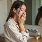Femme se lavant le visage dans une salle de bain moderne