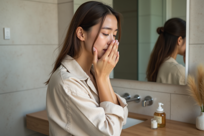 Femme se lavant le visage dans une salle de bain moderne