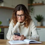 Femme lisant un smartphone dans une cuisine chaleureuse