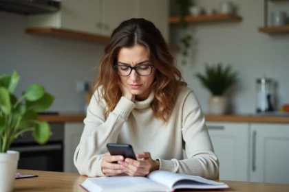 Femme lisant un smartphone dans une cuisine chaleureuse