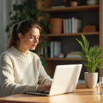 Femme assise à une table dans un salon lumineux avec parfum et livres
