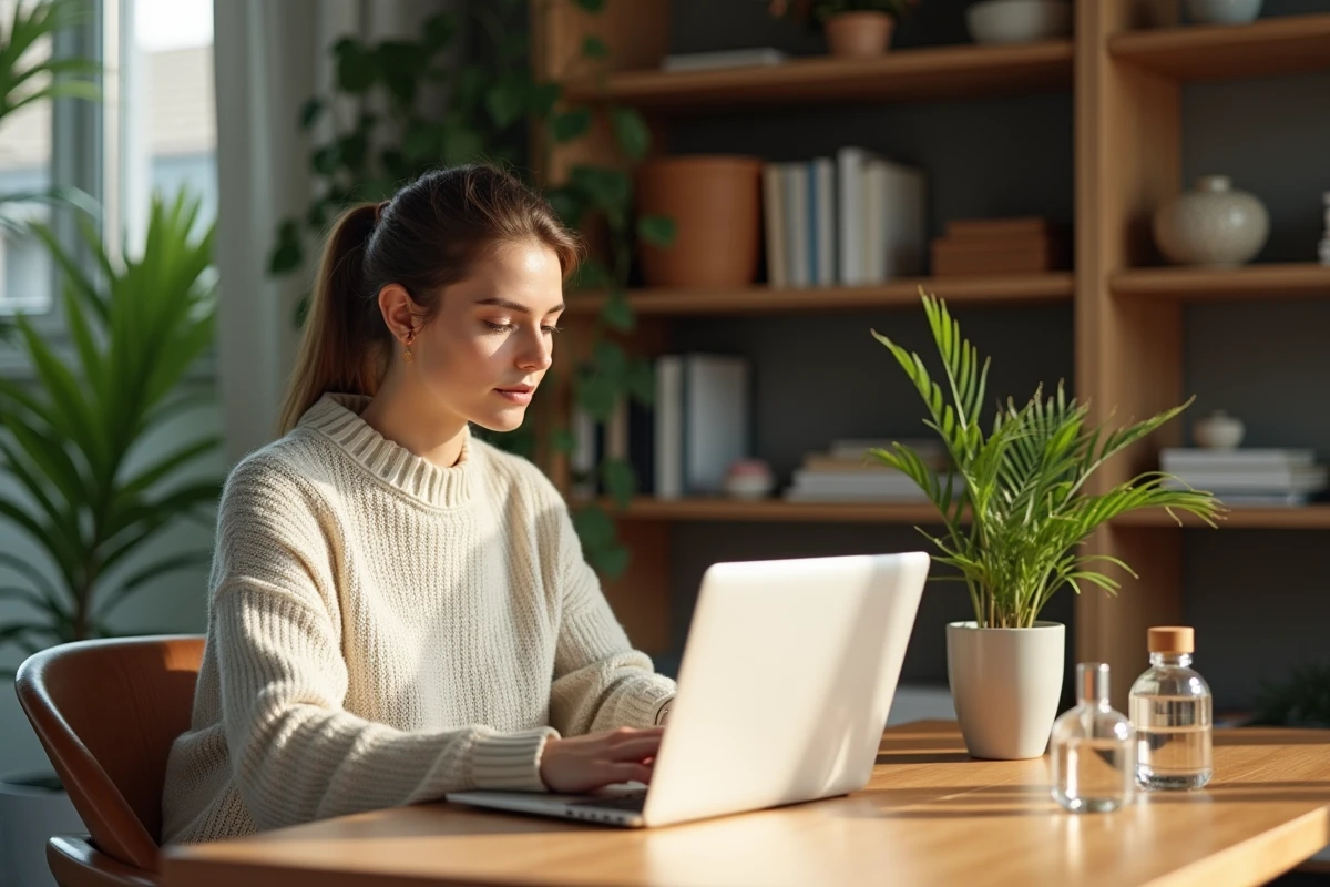 Femme assise à une table dans un salon lumineux avec parfum et livres
