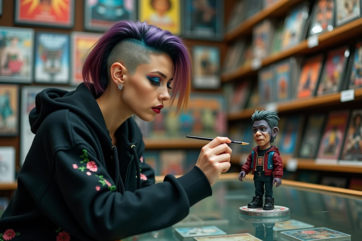 Femme avec maquillage fantastique coloré explorant une boutique de comics et de figurines, illustrant la culture geek mêlée à la beauté