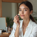 Femme appliquant de la poudre sur la joue dans un cadre cosy
