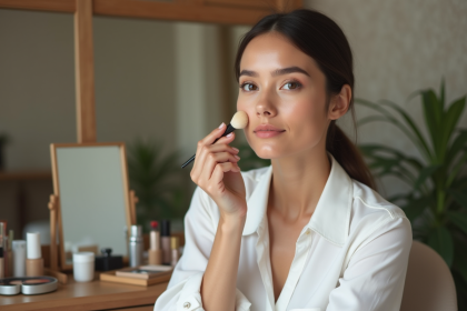 Femme appliquant de la poudre sur la joue dans un cadre cosy