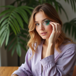 Femme se maquillant les yeux verts dans un miroir lumineux