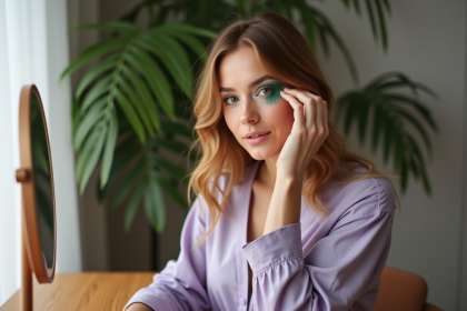 Femme se maquillant les yeux verts dans un miroir lumineux