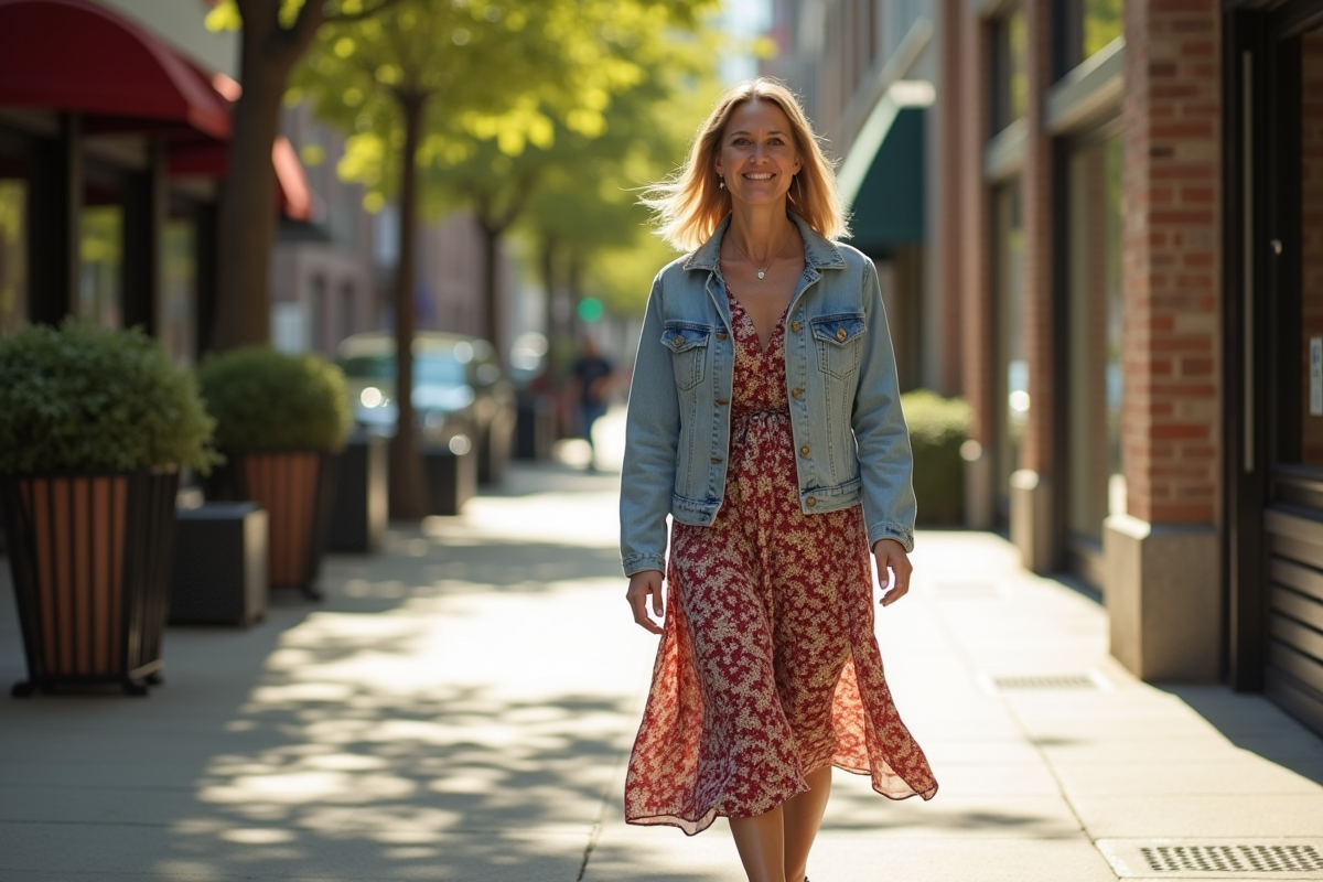 Femme marchant dans la ville en robe fluide
