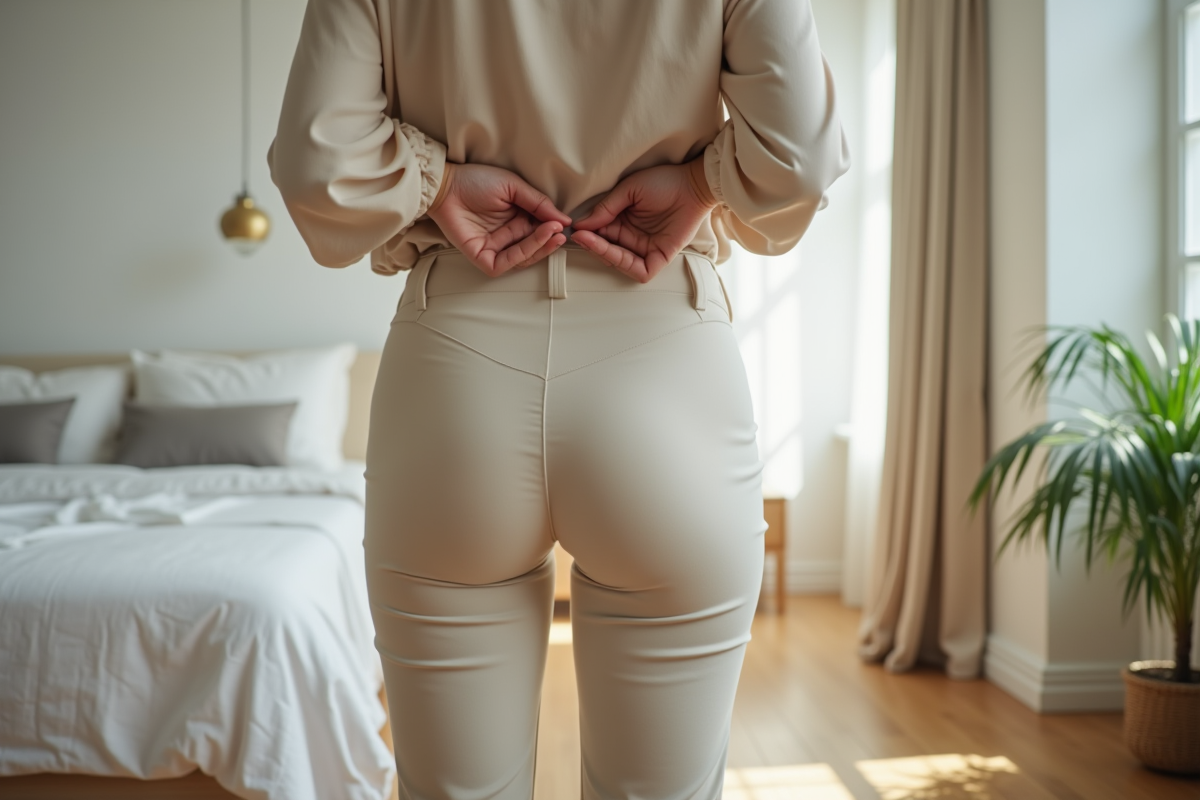 Femme élégante en tenue décontractée dans une chambre moderne