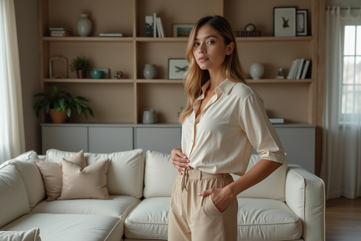 Femme en pantalon beige dans un salon moderne