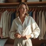 Femme en pantalon taille haute dans une chambre lumineuse