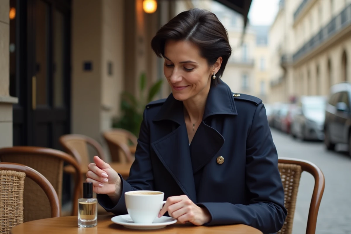 Femme sophistiquée avec un flacon de parfum Zara posé sur une table de café parisien, ambiance urbaine et chic