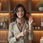 Femme élégante en trench beige et foulard parfumant son poignet